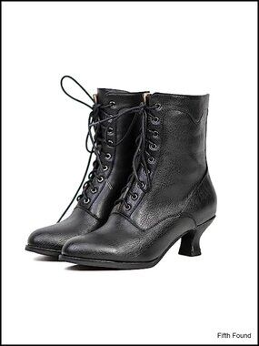 Victorian Ankle Boots Mid Calf Round Toe Kitten Heel Lace Up